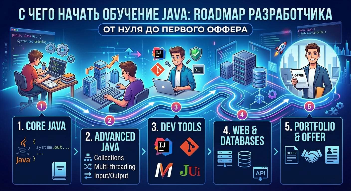 Иллюстрация к статье: roadmap обучения Java с нуля до первого оффера — план backend-разработчика
